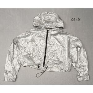 Meek (Medium) Silver Polyester Long Sleeve Crop Hoodies Dress Casual Zip Jacket